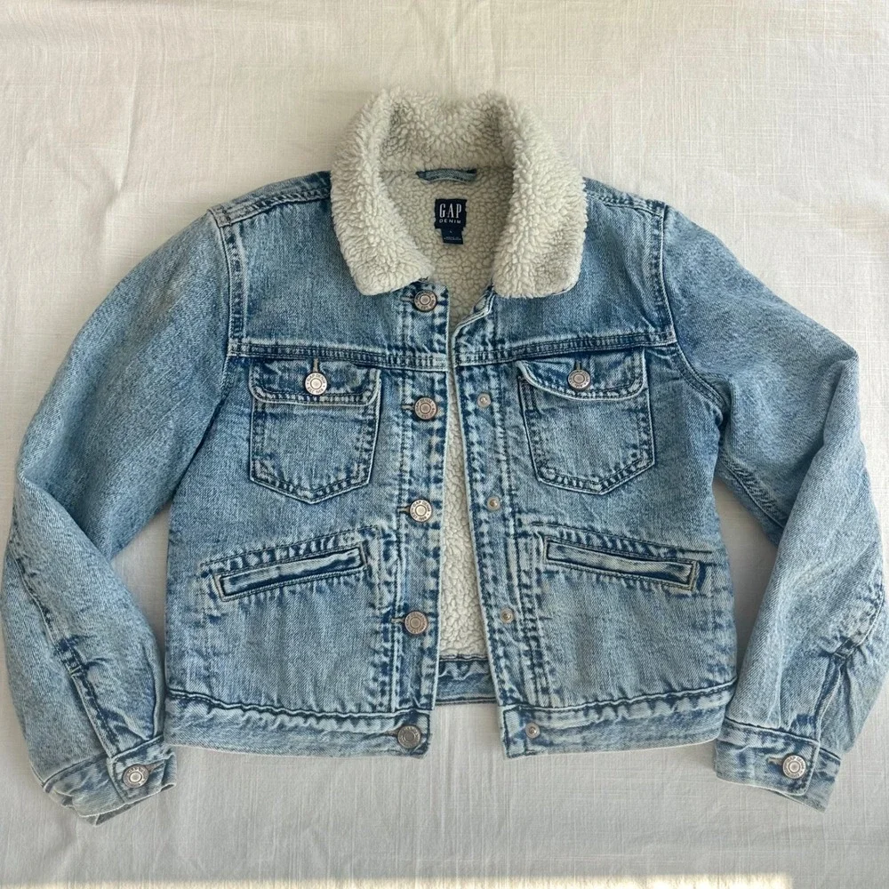 Gap Kids Sherpa Lined‎ Denim Icon Jacket Light Wash Blue Size L 10-11 413974-00